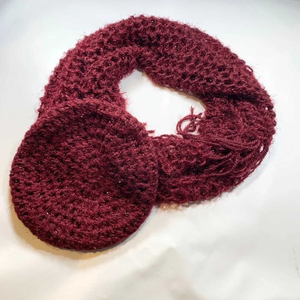 Burgundy 2 Piece Scarf Beanie French Beret Knit With Silver Shimmer Matching Set